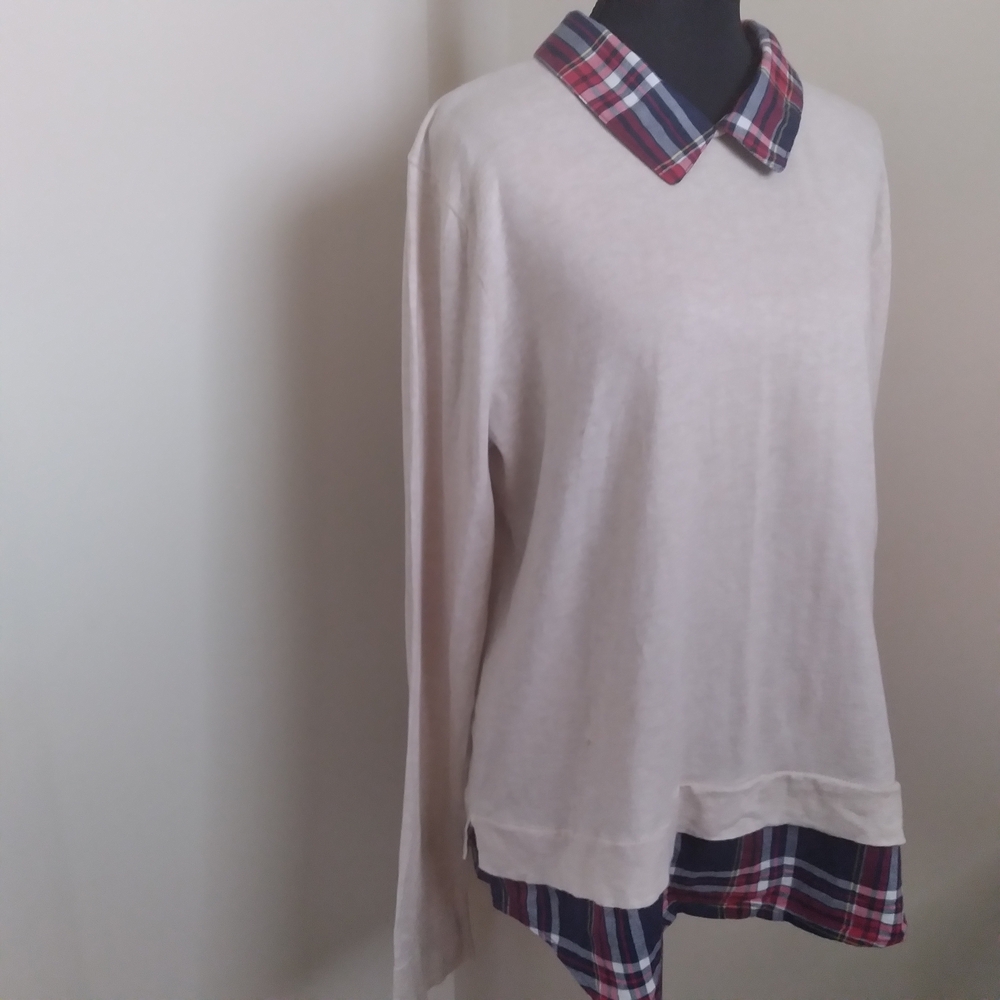 J.‎ Crew Layered Look Cream Sweater with Navy Red Plaid Collar and Hem Womens XL